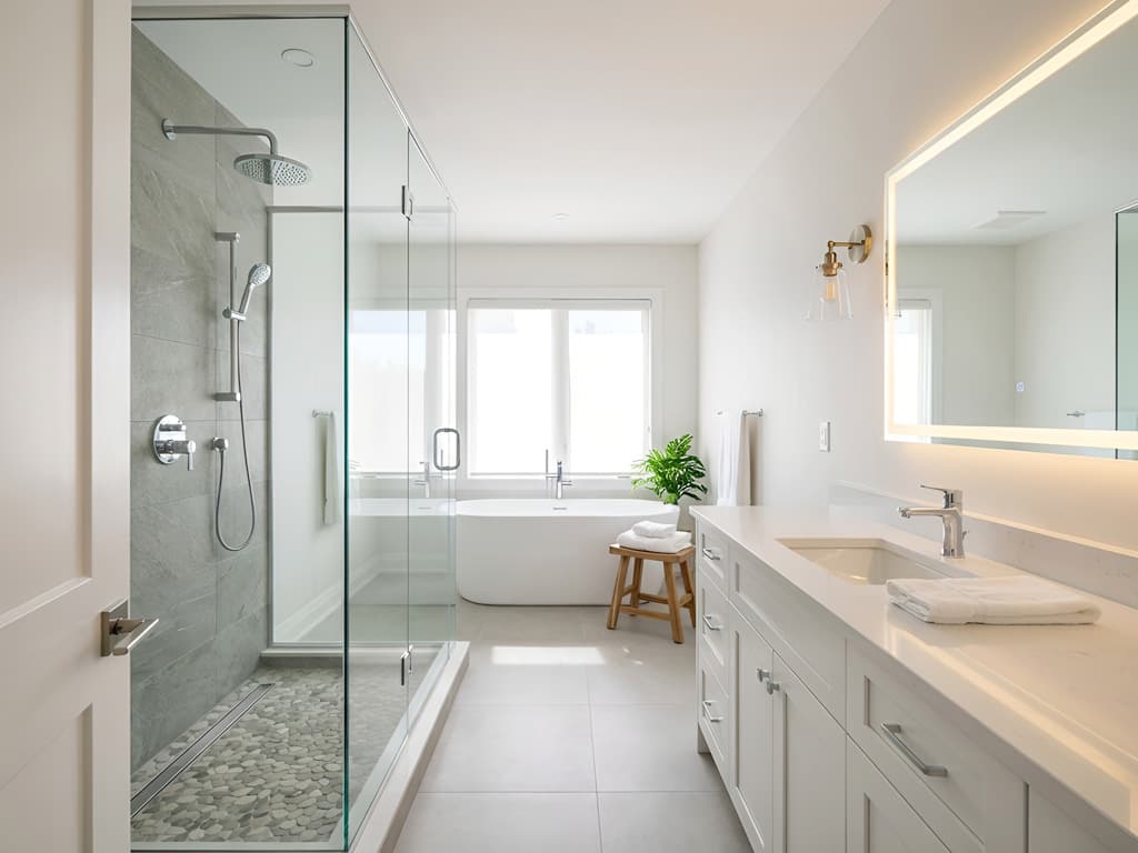 Bright modern bathroom with a walk-in glass shower, white vanity, freestanding bathtub, and soft natural daylight from large windows.