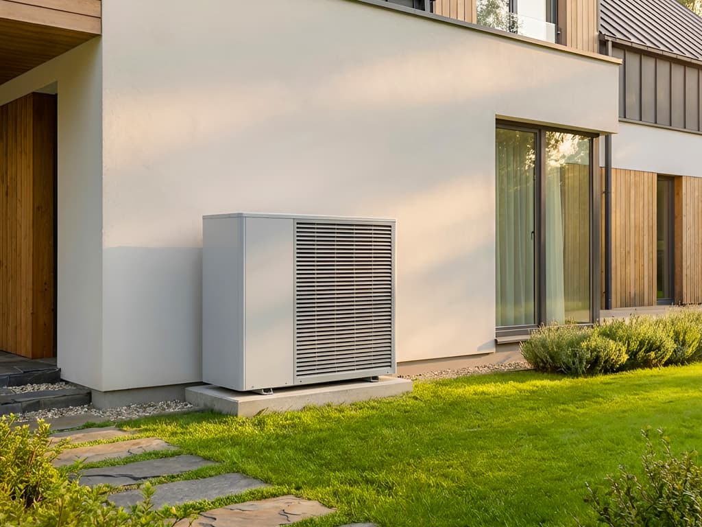 Outdoor heat pump unit installed next to a modern European house with a well-kept garden.