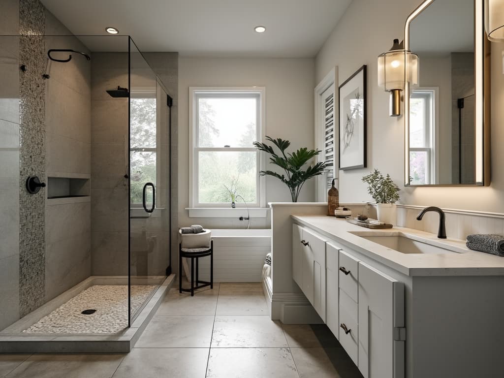 You create images for websites of craftsmen. You create images based on the analysis of content, expertise in craftsmanship, customer service, and marketing. Create an image that matches the following user prompt: Create a photorealistic image of a stunningly renovated vertical bathroom showcasing the results of a partial bathroom renovation. The space features modern fixtures with sleek lines, a beautifully tiled shower area with glass doors, a contemporary vanity with elegant lighting, and stylish accessories that enhance the overall aesthetic. The color scheme should be calming, using soft neutrals and accent colors that create a cohesive look. Include details like fresh towels, decorative plants, and a polished mirror that reflect the bright, inviting atmosphere of the newly finished space. The image should convey a sense of luxury, comfort, and practicality, appealing to anyone looking to transform their bathroom.